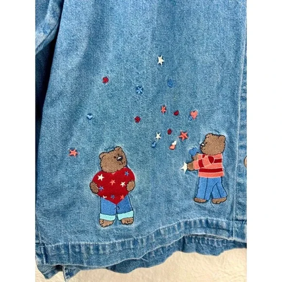 Vintage Christopher & Banks Denim Shirt Womens Sz L Teddy Bear America July 4th - Picture 2 of 16